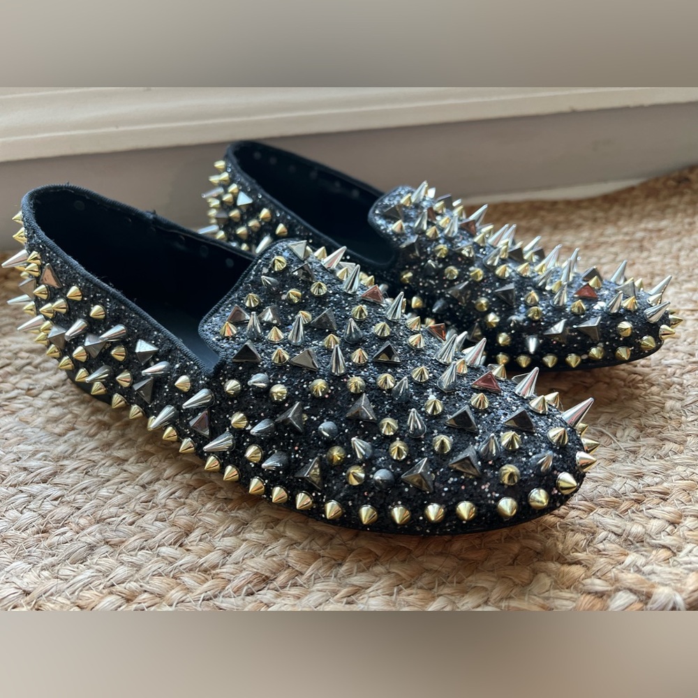 Studded Glitter Spiked Loafers - Size 8